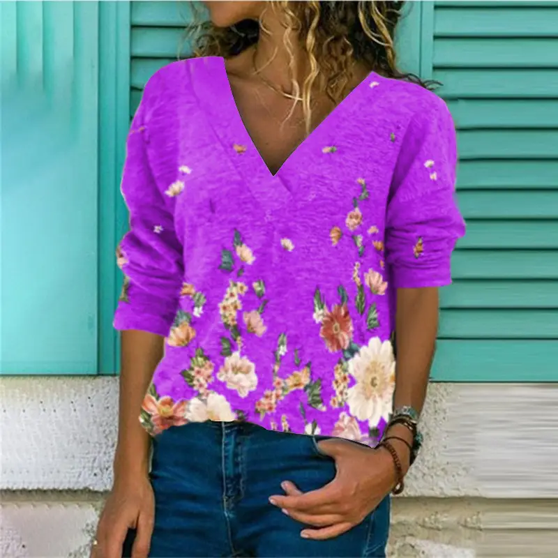 Women V-Neck Floral Pullover T-Shirt Brown - Image 2