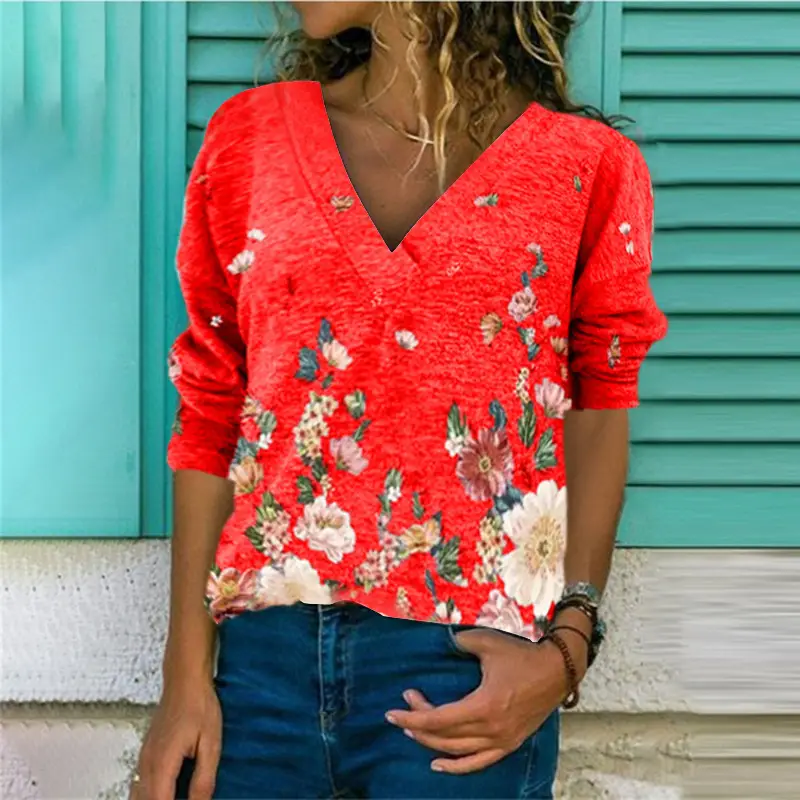 Women V-Neck Floral Pullover T-Shirt Brown - Image 3