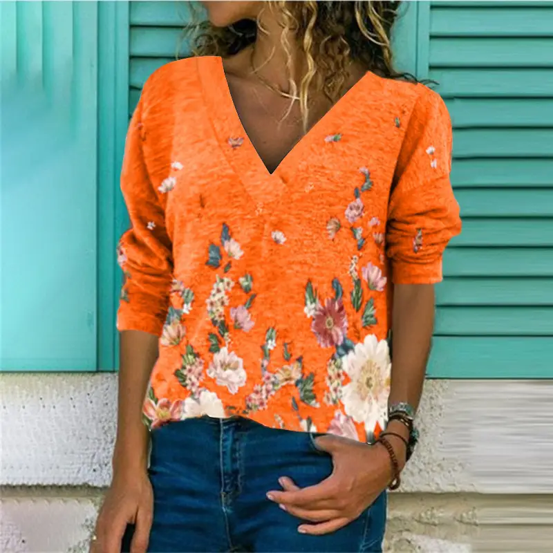 Women V-Neck Floral Pullover T-Shirt Brown - Image 5