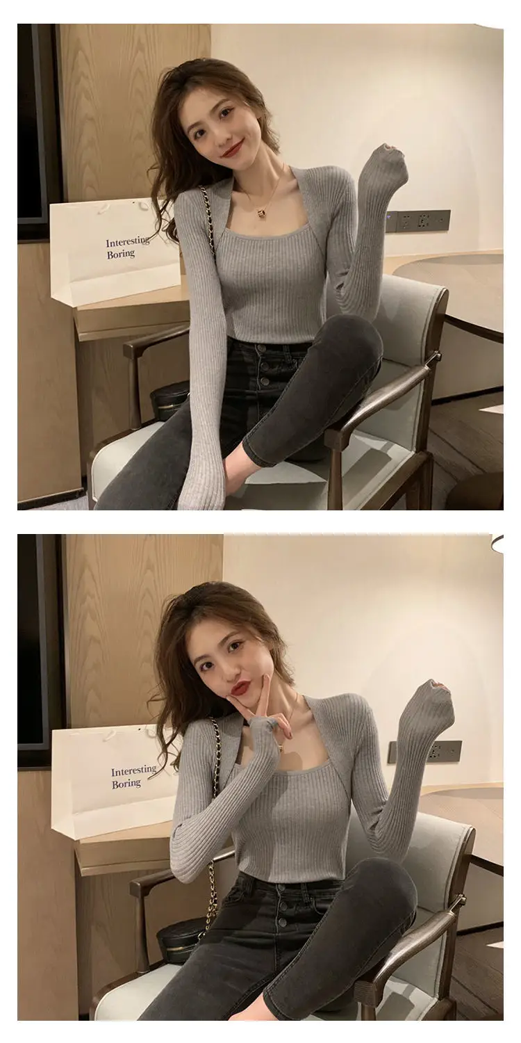 Women's Long Sleeve Knit U-Neck Top Grey — feature 12