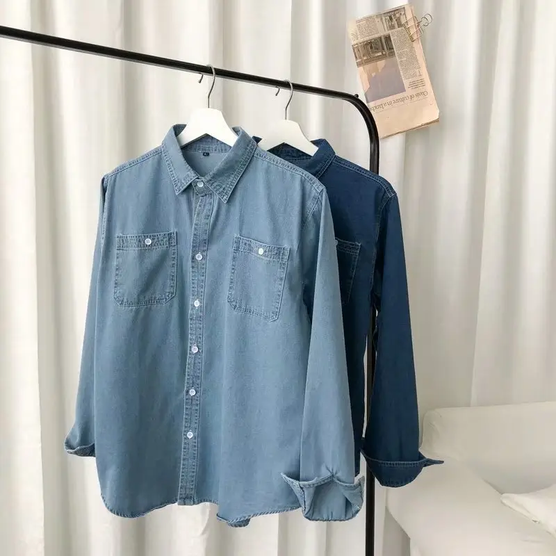 Men Denim Long Sleeve Shirt Blue Plus Size Loose Fit - Image 4