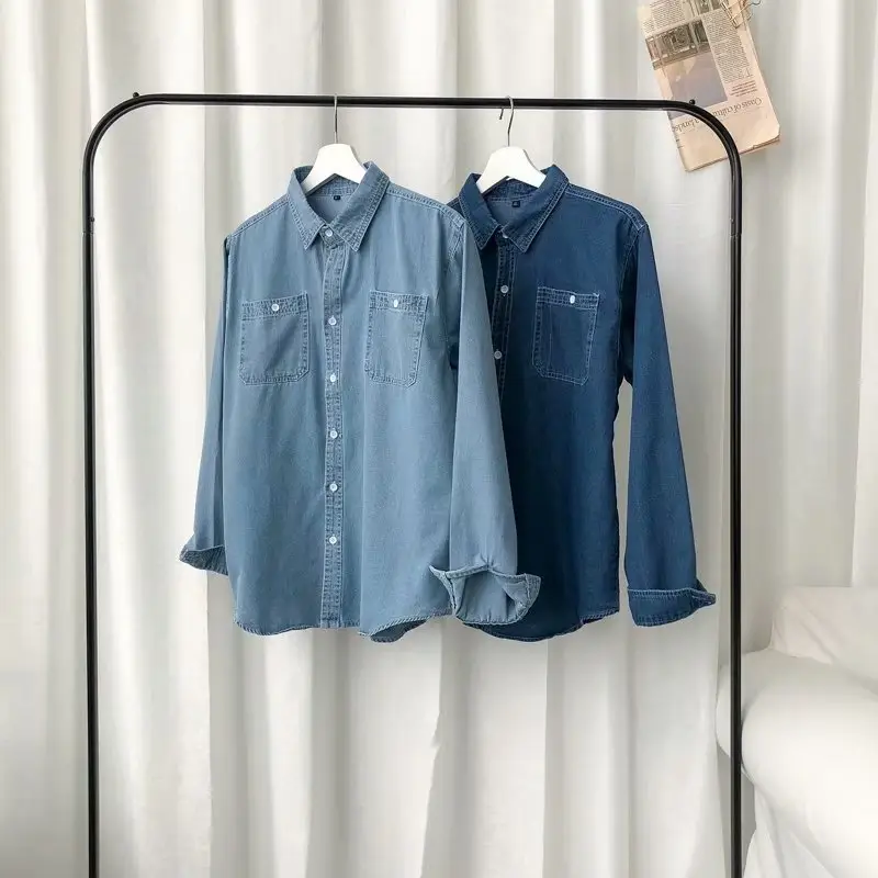Men Denim Long Sleeve Shirt Blue Plus Size Loose Fit - Image 5