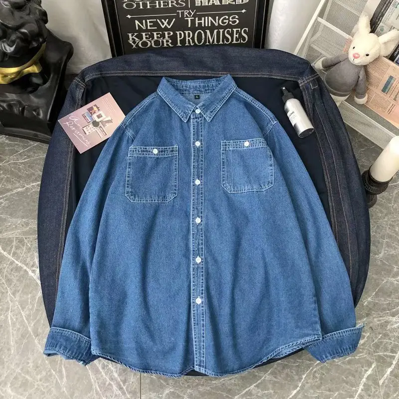 Men Denim Long Sleeve Shirt Blue Plus Size Loose Fit - Image 6