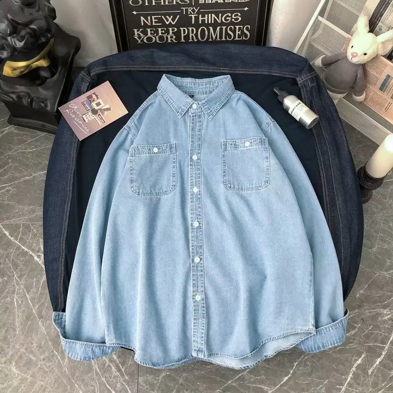 Men Denim Long Sleeve Shirt Blue Plus Size Loose Fit - Image 7