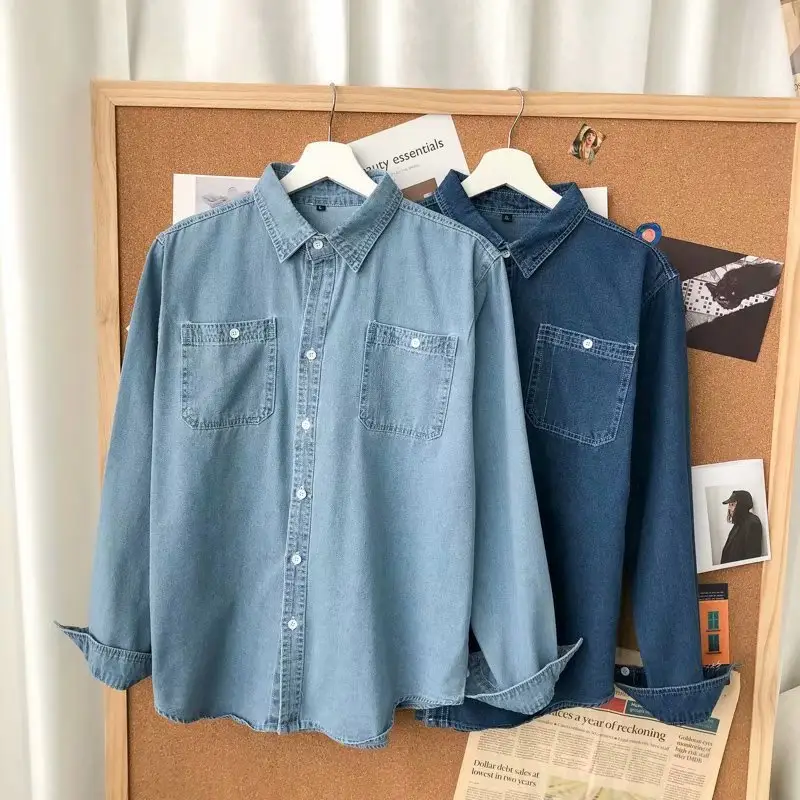 Men Denim Long Sleeve Shirt Blue Plus Size Loose Fit — feature 1