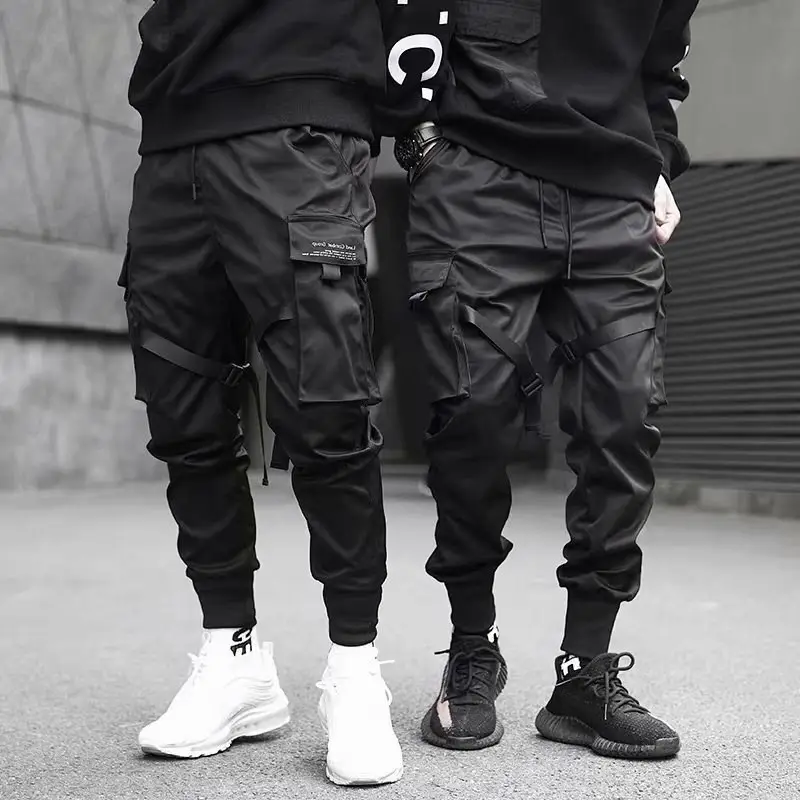 Men Black Multi-Pocket Casual Pants with Drawstring Waist