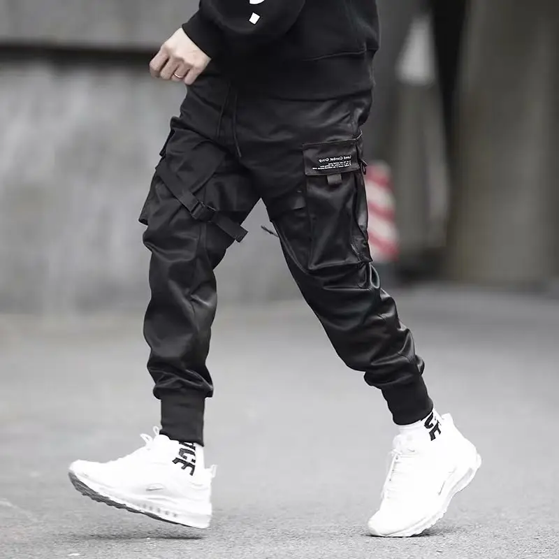 Men Black Multi-Pocket Casual Pants with Drawstring Waist