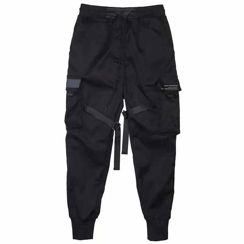 Men Black Multi-Pocket Casual Pants with Drawstring Waist