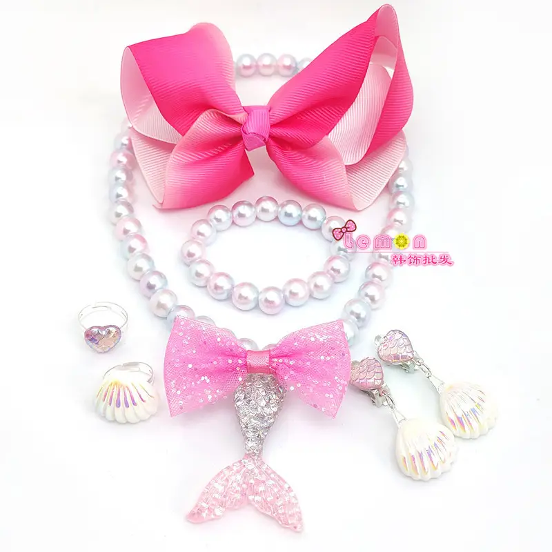 Pink Mermaid Tail Bow Necklace Set for Girls