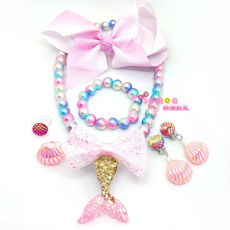 Pink Mermaid Tail Bow Necklace Set for Girls