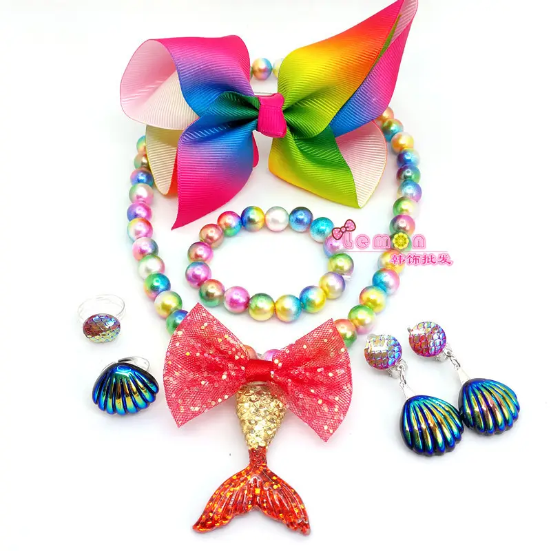 Pink Mermaid Tail Bow Necklace Set for Girls