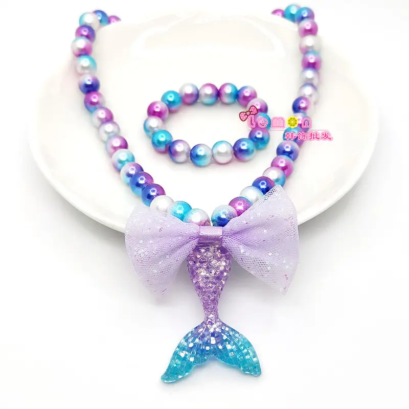 Pink Mermaid Tail Bow Necklace Set for Girls
