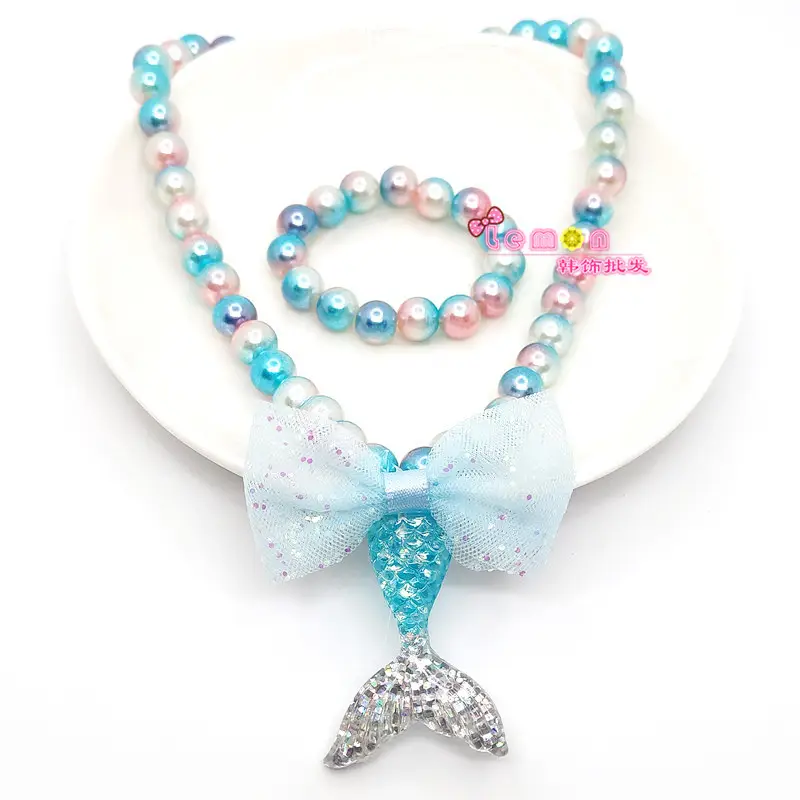 Pink Mermaid Tail Bow Necklace Set for Girls