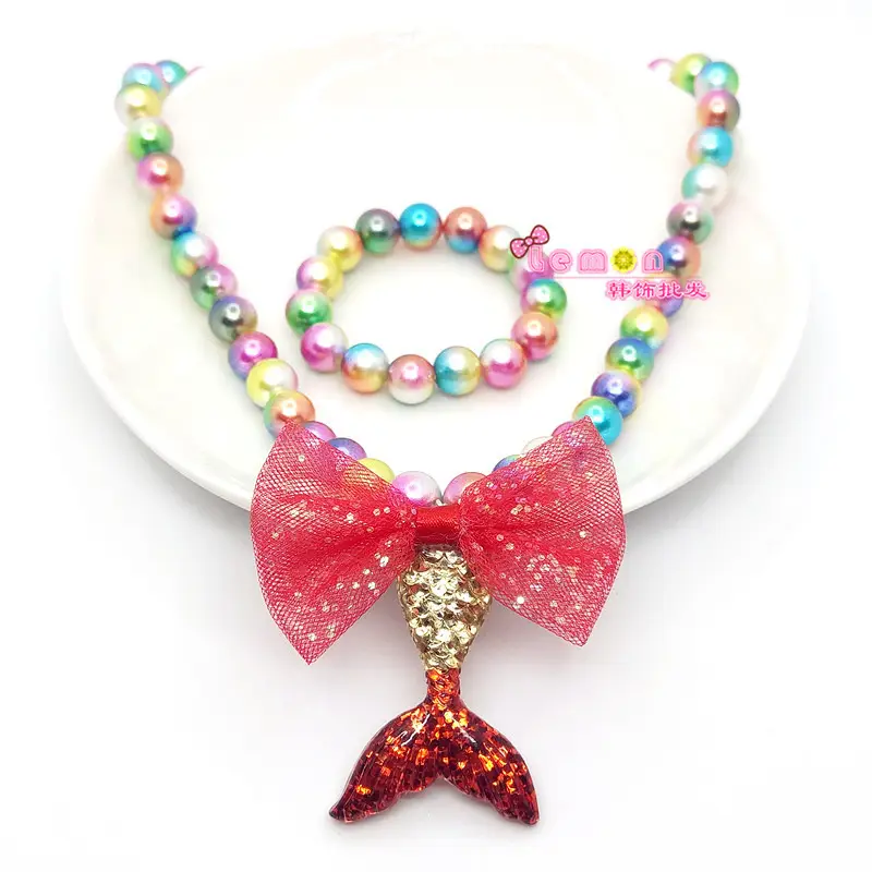 Pink Mermaid Tail Bow Necklace Set for Girls