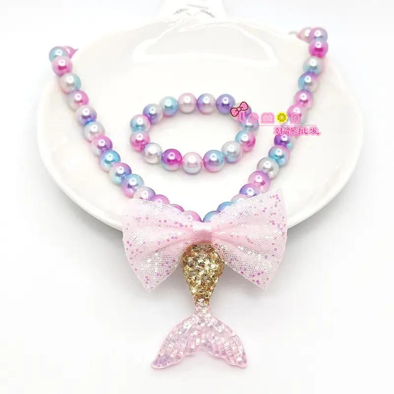 Pink Mermaid Tail Bow Necklace Set for Girls