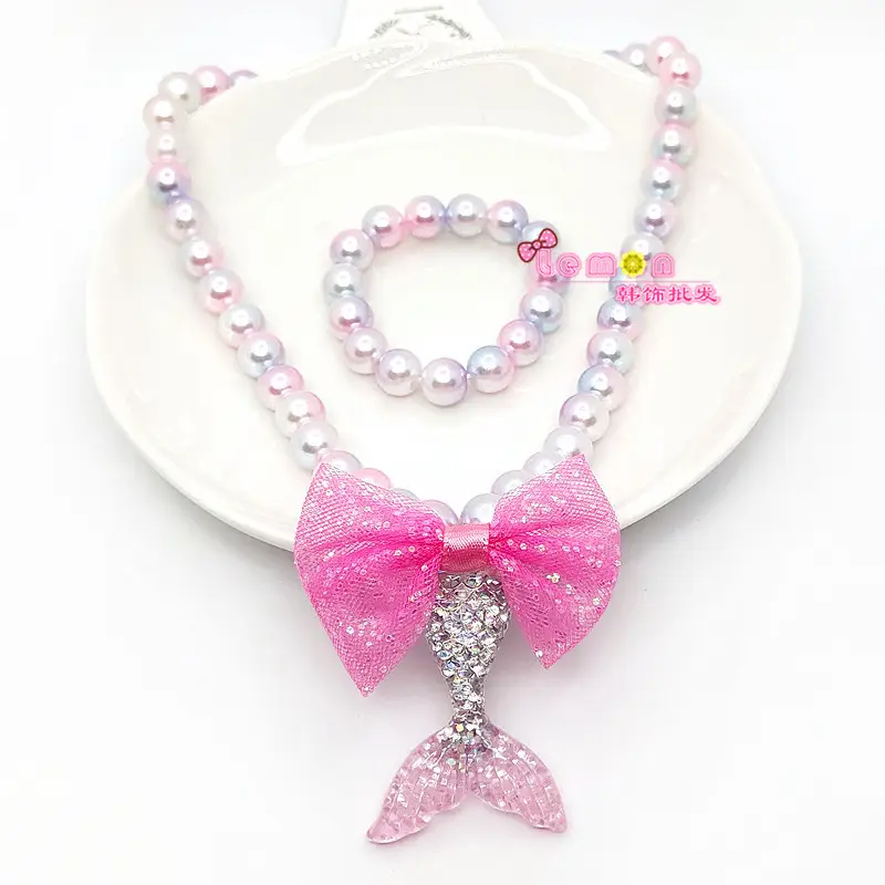 Pink Mermaid Tail Bow Necklace Set for Girls