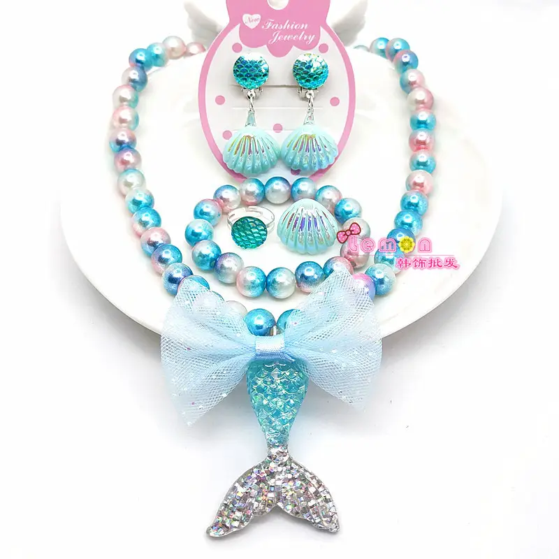 Pink Mermaid Tail Bow Necklace Set for Girls