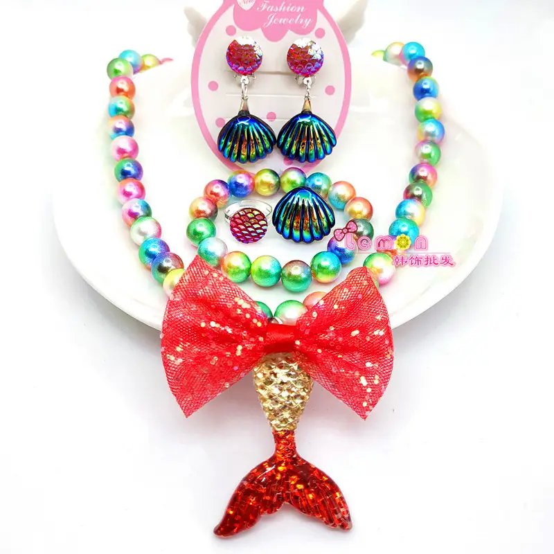 Pink Mermaid Tail Bow Necklace Set for Girls