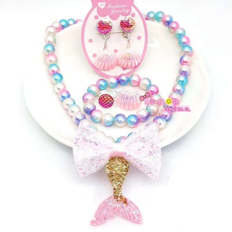 Pink Mermaid Tail Bow Necklace Set for Girls