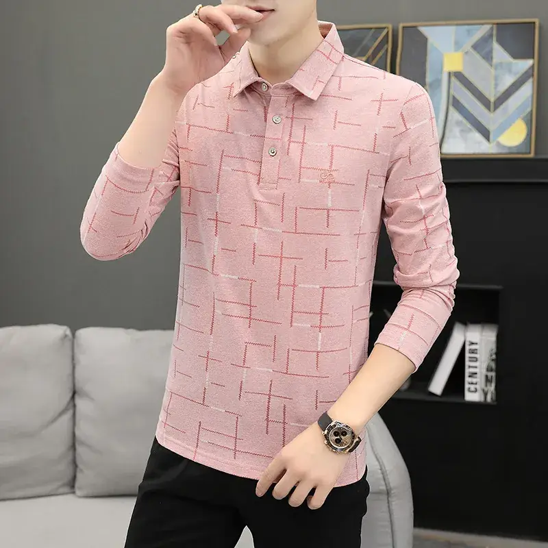 Men Long Sleeve Polo Shirt Pink Grid Ice Silk Pattern - Image 6