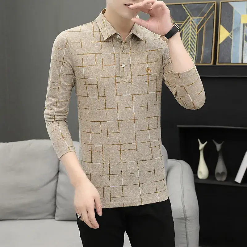 Men Long Sleeve Polo Shirt Pink Grid Ice Silk Pattern - Image 3