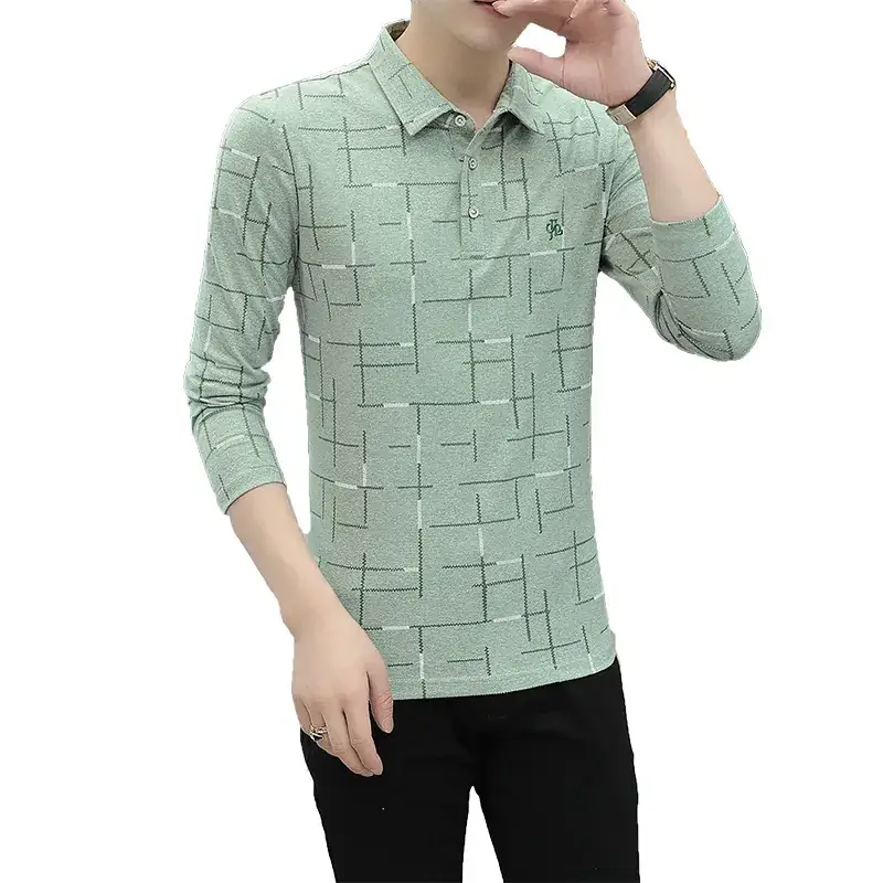Men Long Sleeve Polo Shirt Pink Grid Ice Silk Pattern - Image 7