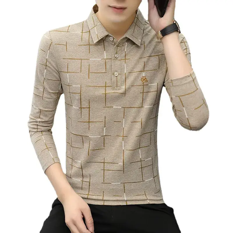 Men Long Sleeve Polo Shirt Pink Grid Ice Silk Pattern - Image 8
