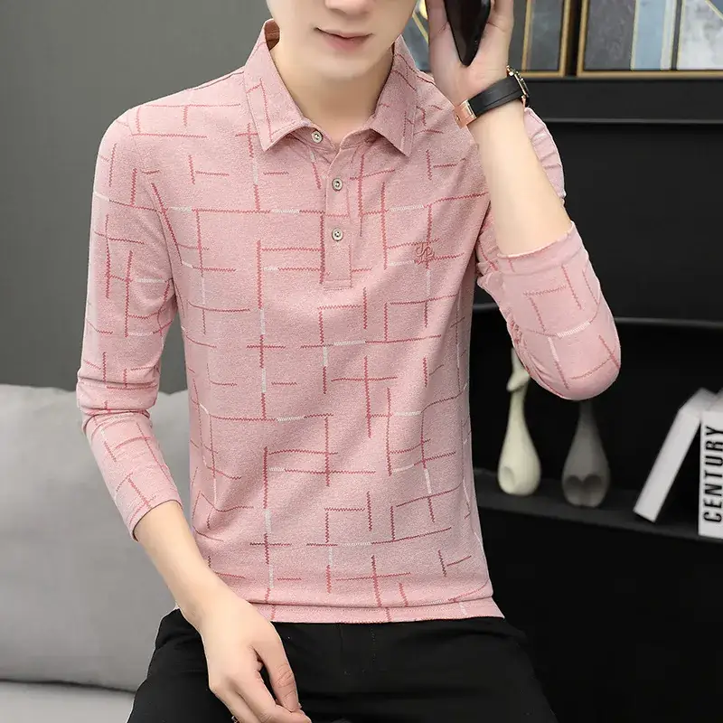 Men Long Sleeve Polo Shirt Pink Grid Ice Silk Pattern - Image 2
