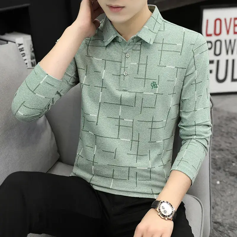 Men Long Sleeve Polo Shirt Pink Grid Ice Silk Pattern - Image 4
