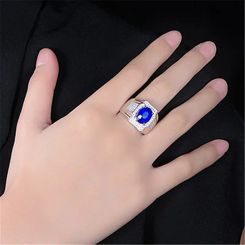 Open Aggressive Large Naked Diamond Sapphire Ring Plated with 18K White Gold Diamond Inlaid with Color Treasure Full Diamond Group Men's Ring - Image 2