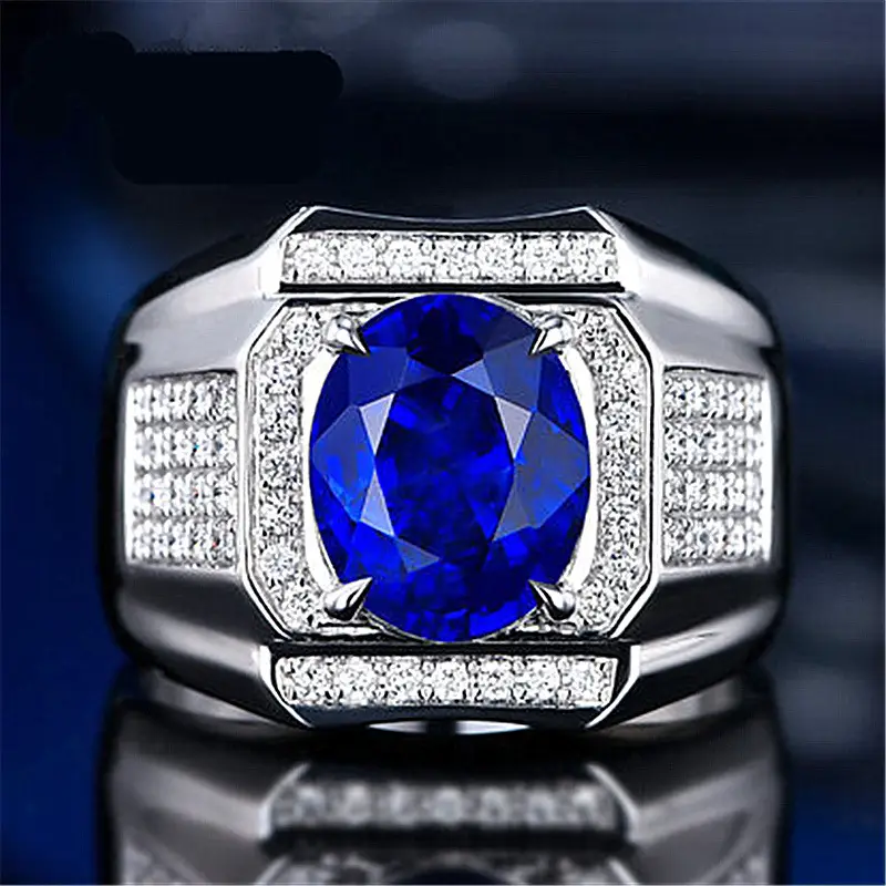 Open Aggressive Large Naked Diamond Sapphire Ring Plated with 18K White Gold Diamond Inlaid with Color Treasure Full Diamond Group Men's Ring - Image 3