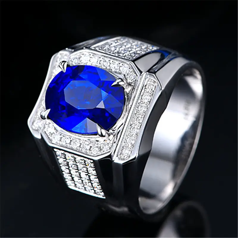 Open Aggressive Large Naked Diamond Sapphire Ring Plated with 18K White Gold Diamond Inlaid with Color Treasure Full Diamond Group Men's Ring - Image 4