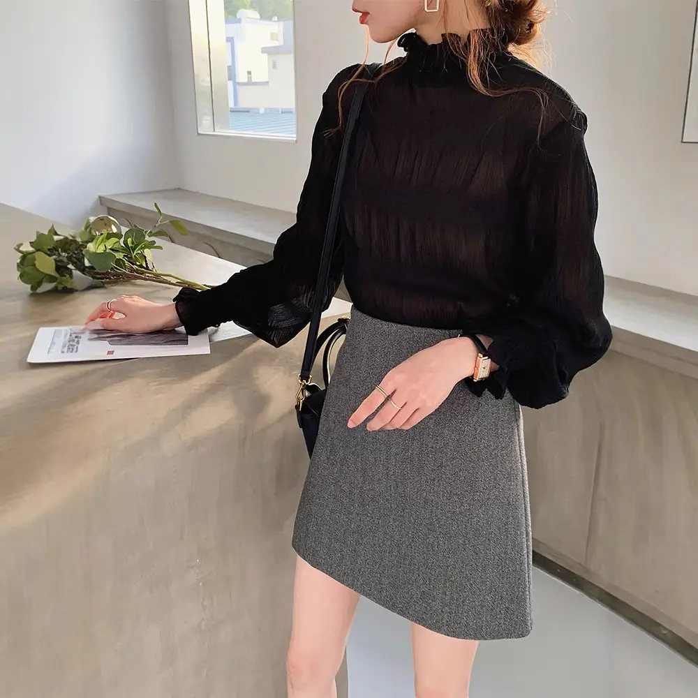 Ruffled Half-High Collar Top with Bell Sleeves Chiffon Base - Image 6