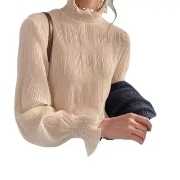 Ruffled Half-High Collar Top with Bell Sleeves Chiffon Base - Image 7