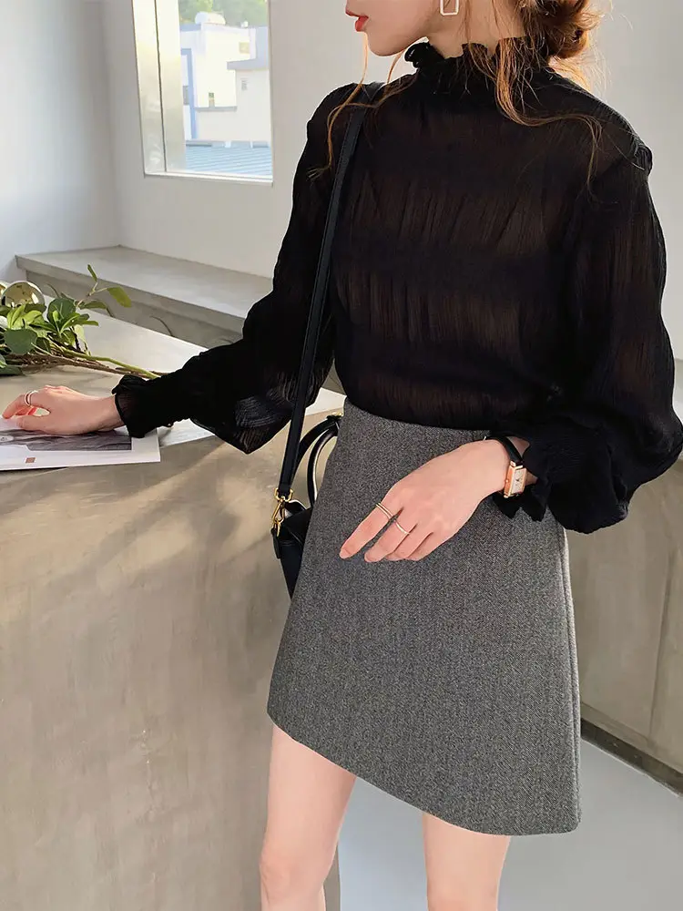 Ruffled Half-High Collar Top with Bell Sleeves Chiffon Base - Image 2
