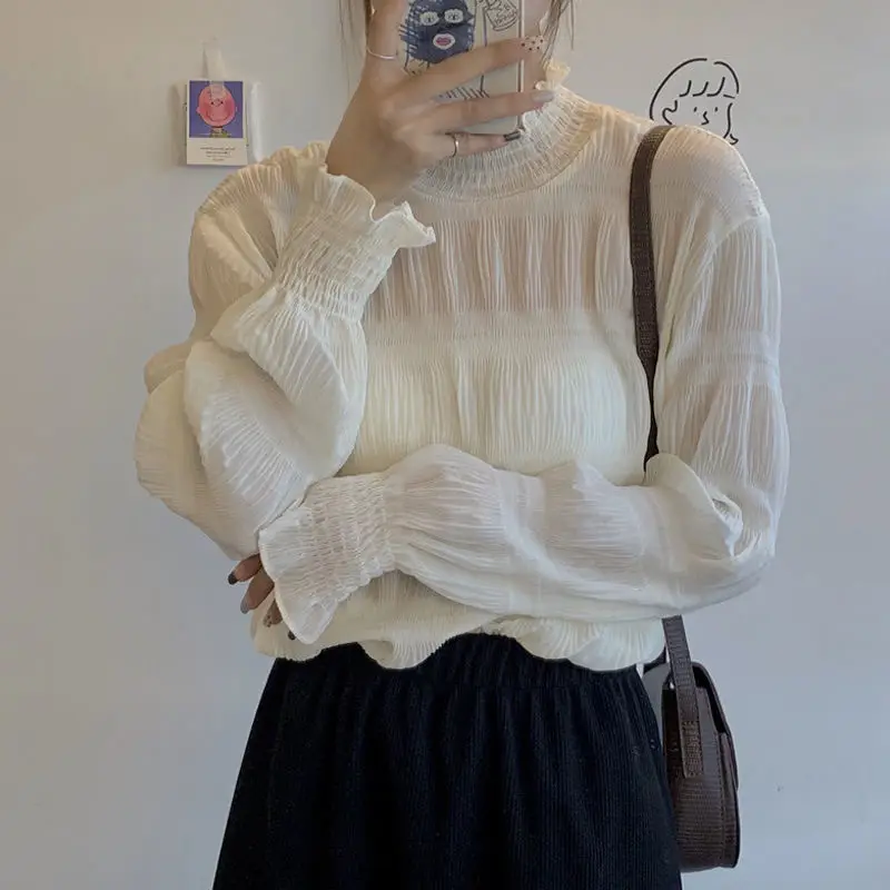 Ruffled Half-High Collar Top with Bell Sleeves Chiffon Base - Image 3