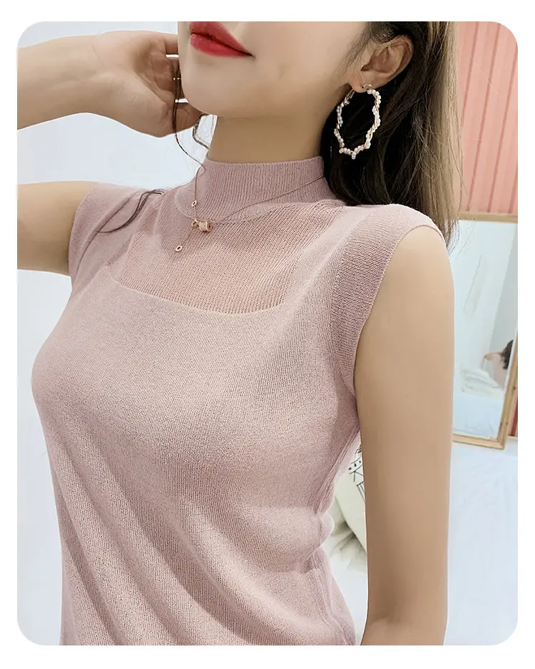 Women's White Sleeveless Ice Silk Knit Shirt — feature 1