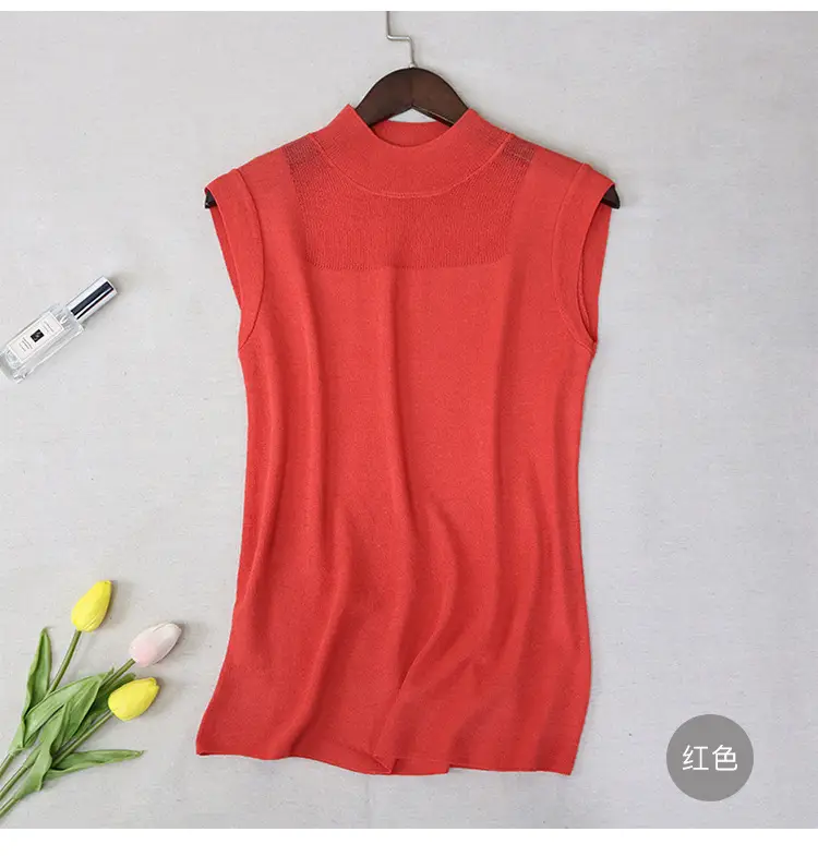 Women's White Sleeveless Ice Silk Knit Shirt — feature 4