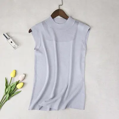 Women's White Sleeveless Ice Silk Knit Shirt - Image 3