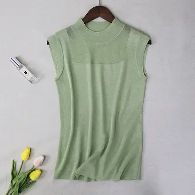 Women's White Sleeveless Ice Silk Knit Shirt - Image 4