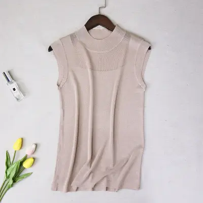 Women's White Sleeveless Ice Silk Knit Shirt - Image 7