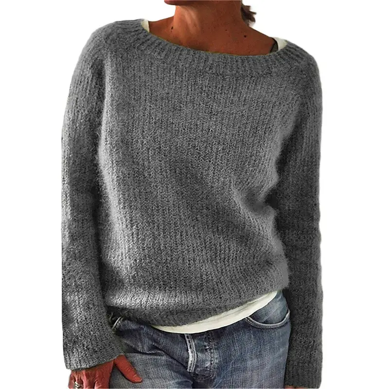 Women Grey Knit Long Sleeve Sweater Solid Color — feature 13