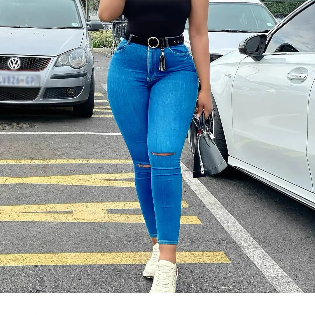 2021 Women Slim Fit Stretch Denim Pants Blue - Image 5
