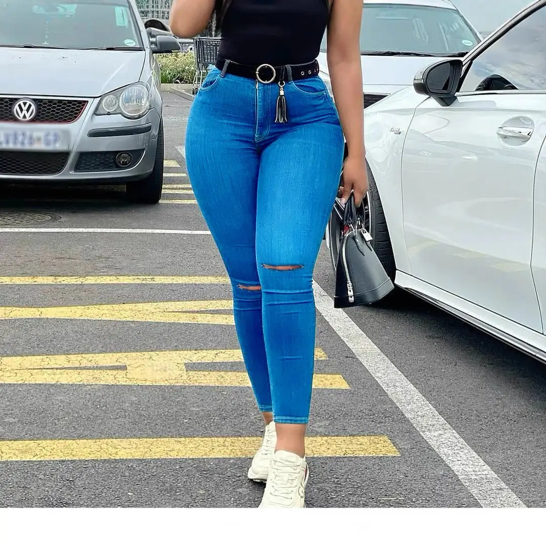 2021 Women Slim Fit Stretch Denim Pants Blue - Image 6