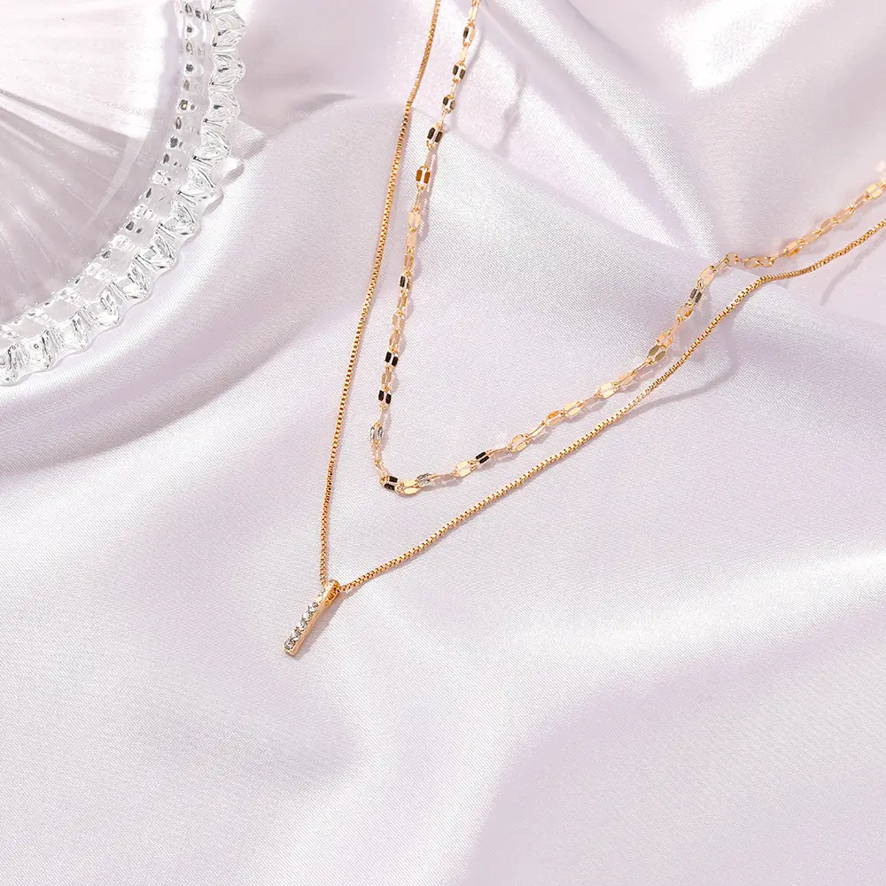 Silver Double Layer Necklace with Rectangular Pendant