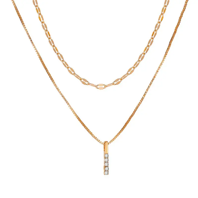 Silver Double Layer Necklace with Rectangular Pendant