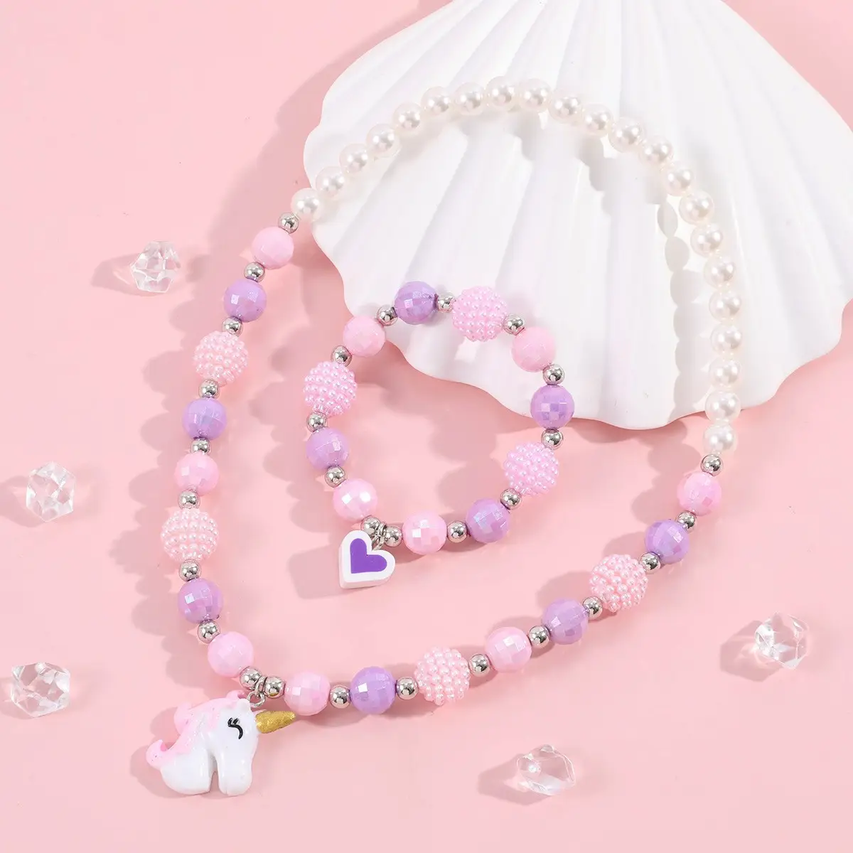 Pink Unicorn Necklace Bracelet Set for Girls - Image 3