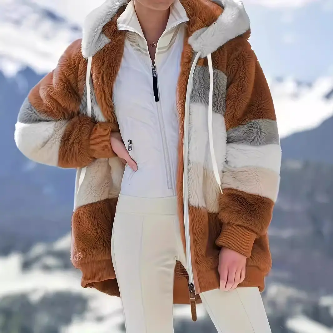 Women Hooded Jacket Brown Plush Warm Winter Coat