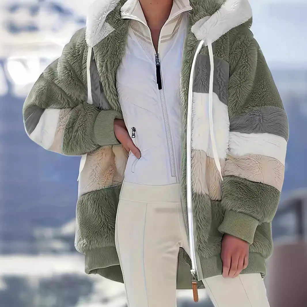 Women Hooded Jacket Brown Plush Warm Winter Coat