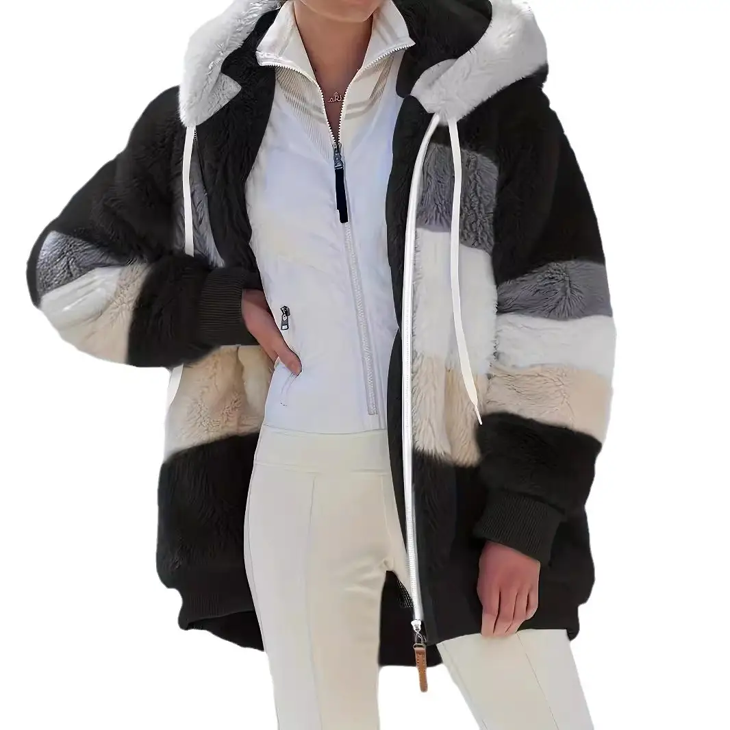 Women Hooded Jacket Brown Plush Warm Winter Coat